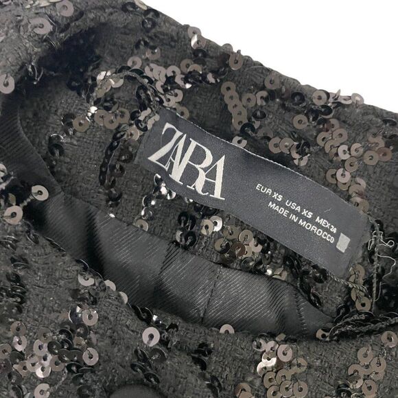Zara Womens Sequin Blazer Jacket XS Black Fringe Textured Cropped 9659/630 NWT - Picture 6 of 16